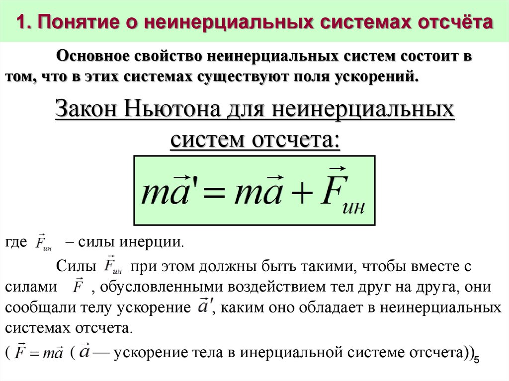 Ускорение тела в инерциальной системе. Неинерциальные системы отсчета. Понятие о неинерциальных системах отсчета. Силы в неинерциальных системах отсчета. Силы инерции в неинерциальных системах отсчета.