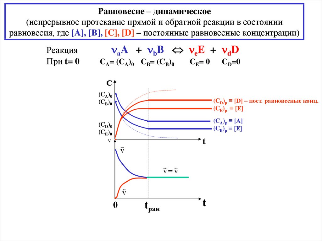 Равновесие – динамическое (непрерывное протекание прямой и обратной реакции в состоянии равновесия, где [A], [B], [C], [D] –