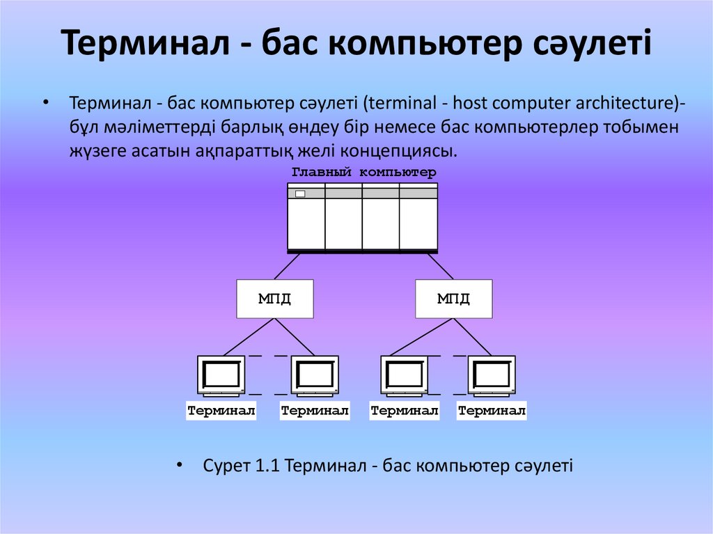 Отдельный терминал. Определите понятие «терминал»:. Терминал ПК. Что такое терминал в компьютерной сети?. Архитектура сети «терминал – главный компьютер»..