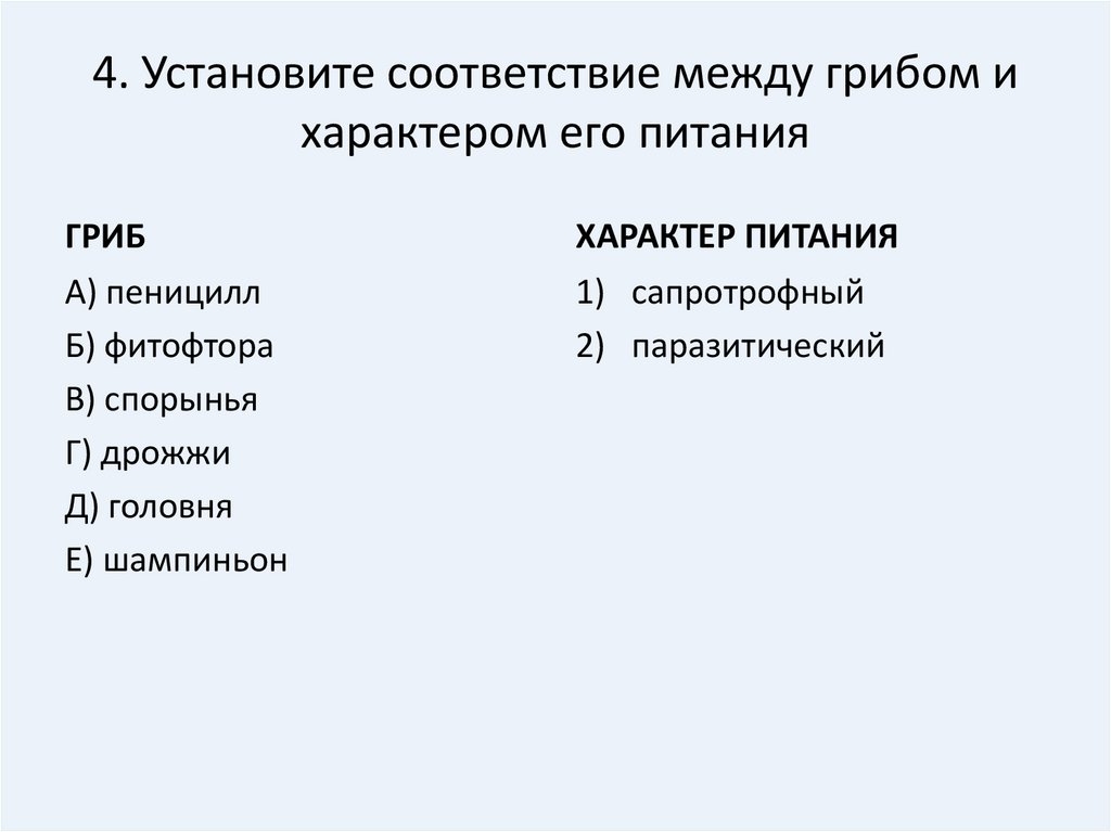 Установите соответствие между грибами