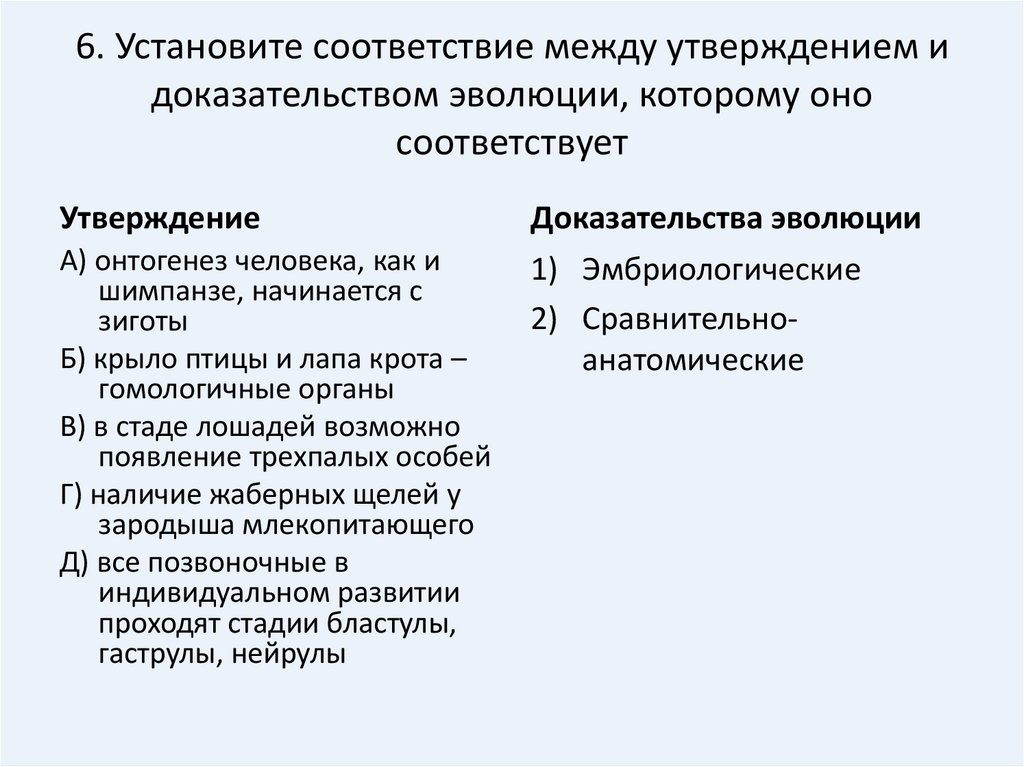 Установите соответствие между утверждениями. Онтогенез человека как и шимпанзе начинается с зиготы. Доказательства эволюции утверждение. Установите соответствие между примерами и доказательствами эволюции. Установите соответствие между доказательством эволюции и его видом.