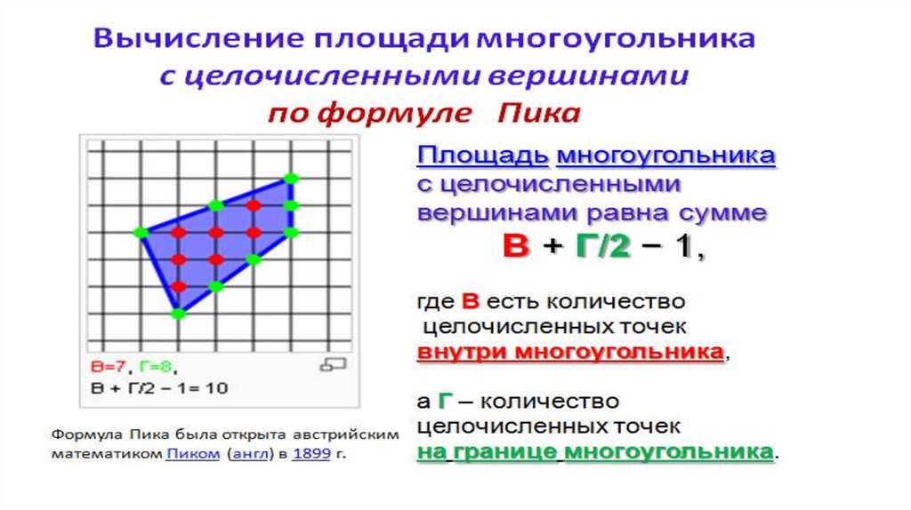 Формула пика для нахождения площади. Формула нахождения площади многоугольника. Площадь многоугольника формула. Формула пика для вычисления площадей многоугольников.