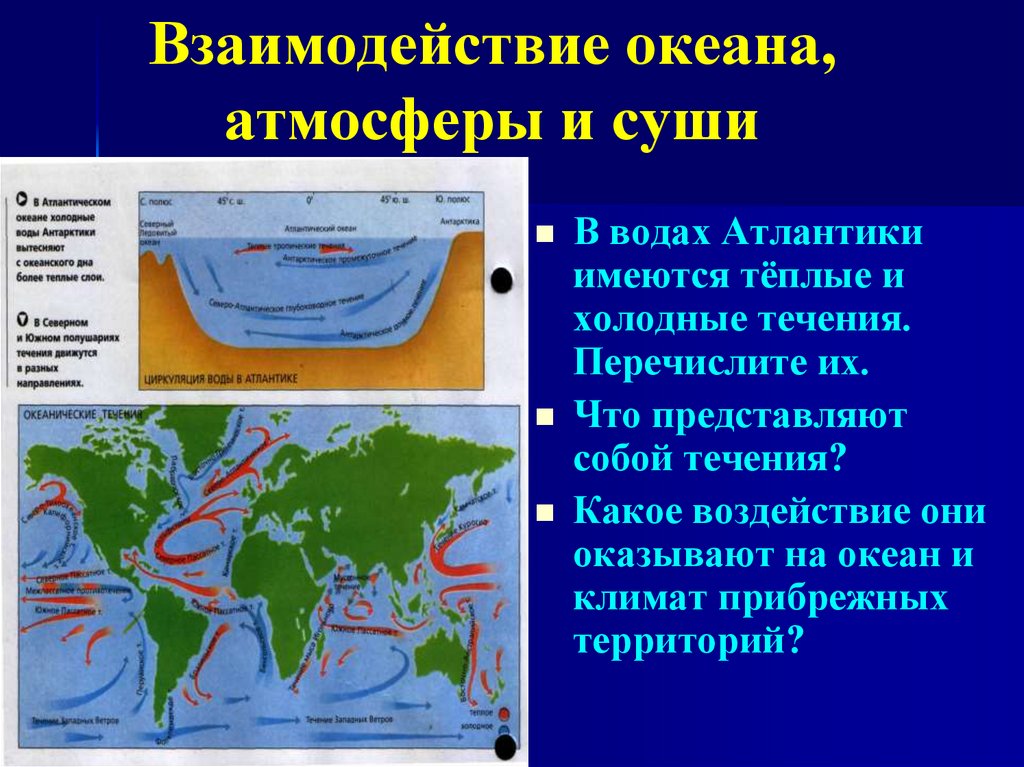 Система океанических течений влияние теплых и холодных. Взаимодействие океана, атмосферы и суши. Взаимодействие океана с сушей. Взаимодействие океана с атмосферой и сушей кратко. Течения Атлантического океана теплые и холодные.