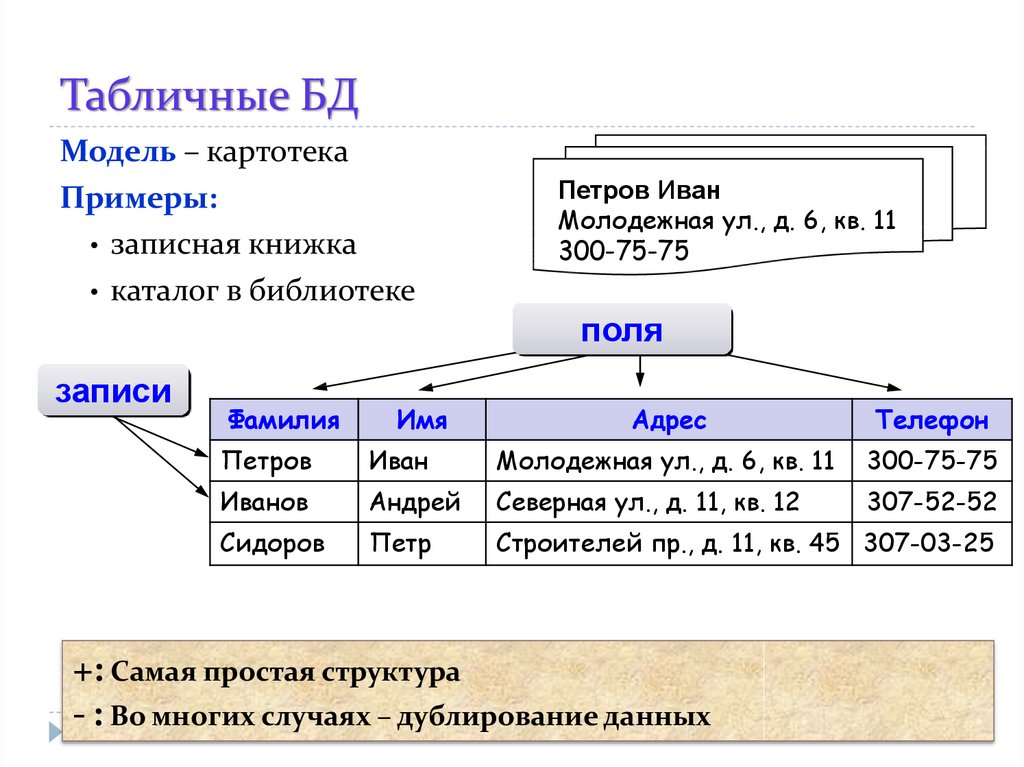 Таблица базы данных состоит из