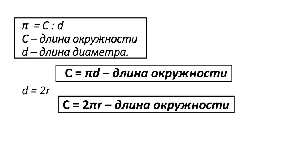 π = С : d C – длина окружности d – длина диаметра.