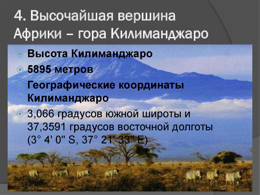 Определите географические координаты килиманджаро. Географические координаты вулкана Килиманджаро. Высочайшая вершина Африки Килиманджаро. Географические координаты Килиманджаро. Высота горы Килиманджаро в метрах.