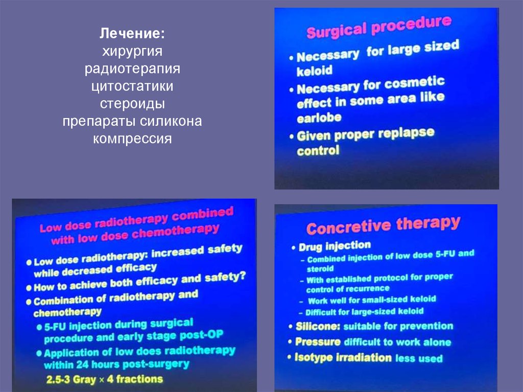 Лечение: хирургия радиотерапия цитостатики стероиды препараты силикона компрессия