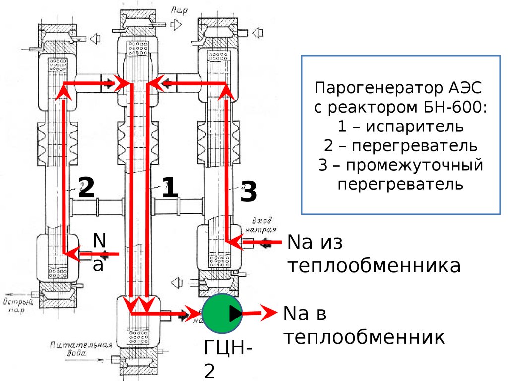 Парогенератор АЭС с реактором БН-600: 1 – испаритель 2 – перегреватель 3 – промежуточный перегреватель