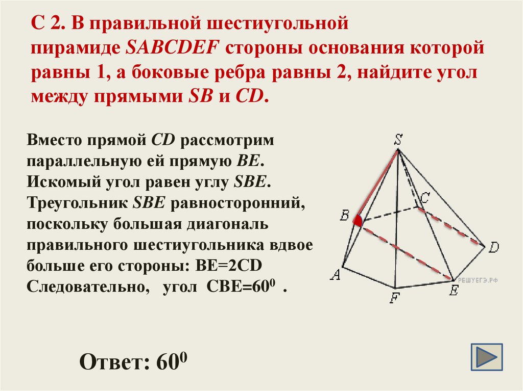 C 2. В правильной шестиугольной пирамиде SABCDEF стороны основания которой равны 1, а боковые ребра равны 2, найдите угол между