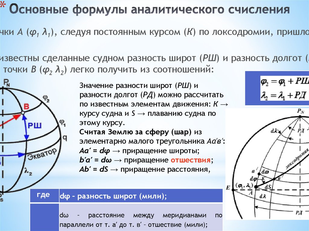 Населенный пункт долгота. Аналитическое счисление пути судна. Разность широт и долгот. Основные формулы аналитического счисления. Широта и долгота разница.