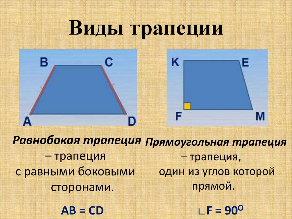 Какая трапеция равнобедренная прямоугольная. Трапеция. Трапеция виды трапеции. Равнобедренная и прямоугольная трапеция. Трепция.