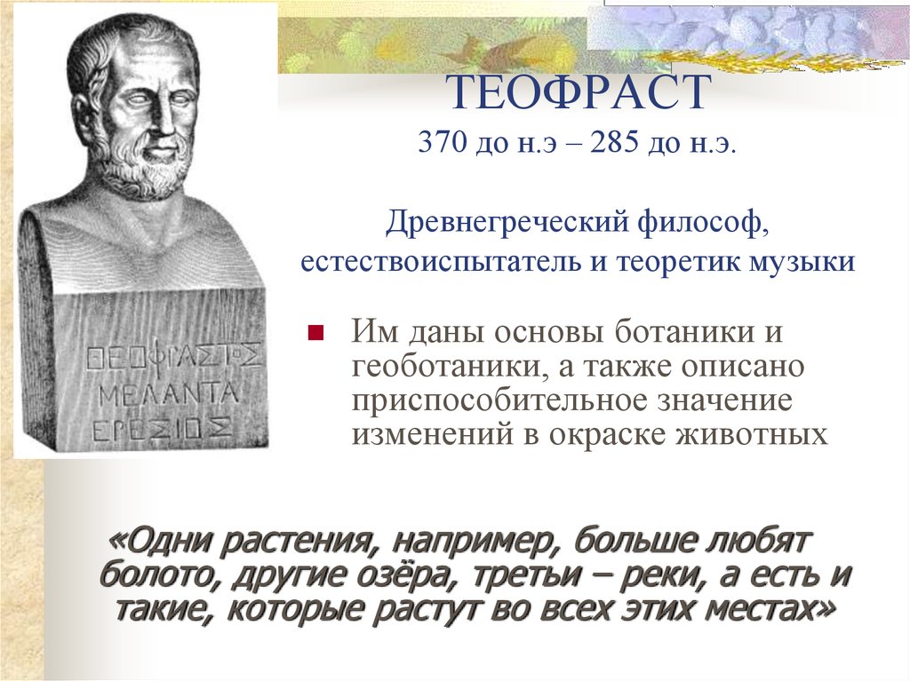 ТЕОФРАСТ 370 до н.э – 285 до н.э. Древнегреческий философ, естествоиспытатель и теоретик музыки