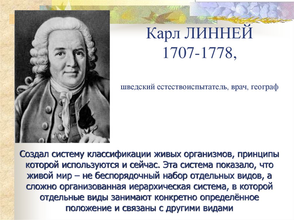 Карл ЛИННЕЙ 1707-1778, шведский естествоиспытатель, врач, географ