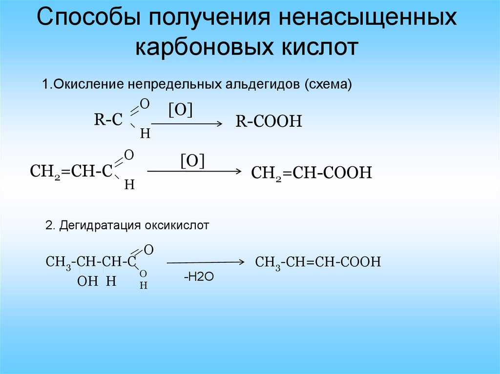 Особенности свойств непредельных кислот. Способы получения непредельных карбоновых кислот. Методы получения одноосновные карбоновые кислоты. Химические уравнения карбоновых кислот. Химические свойства карбоновых кислот со спиртами.