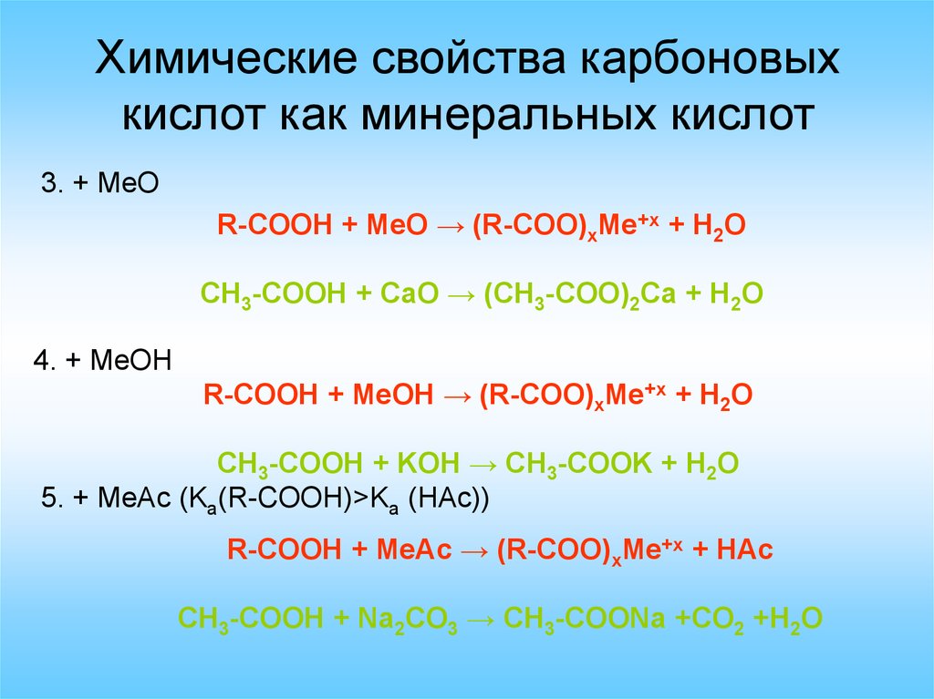 Кислотно основные реакции примеры. Химические свойства карбоновых кислот. Ch3cooh.