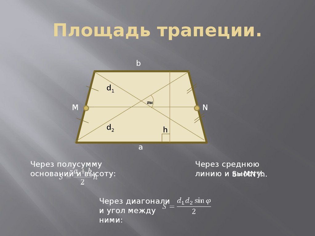 Через диагонали. Формула площади трапеции через диагонали. Площадь трапеции через диагонали и среднюю линию трапеции. Площадь равнобедренной трапеции формула через диагонали. Площадь трапеции через угол между диагоналями.