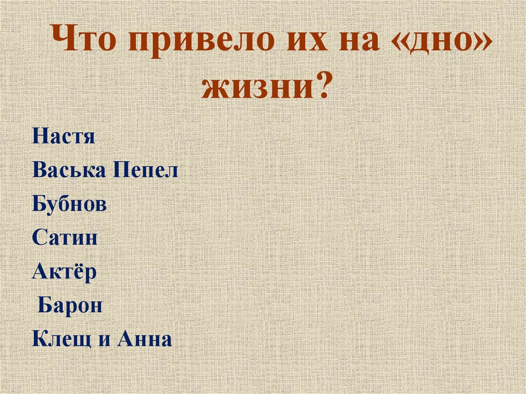 Дно жизни произведения. На дне 1902 Васька пепел. Сатин и Бубнов. Пепел, Настя в пьесе на дне.