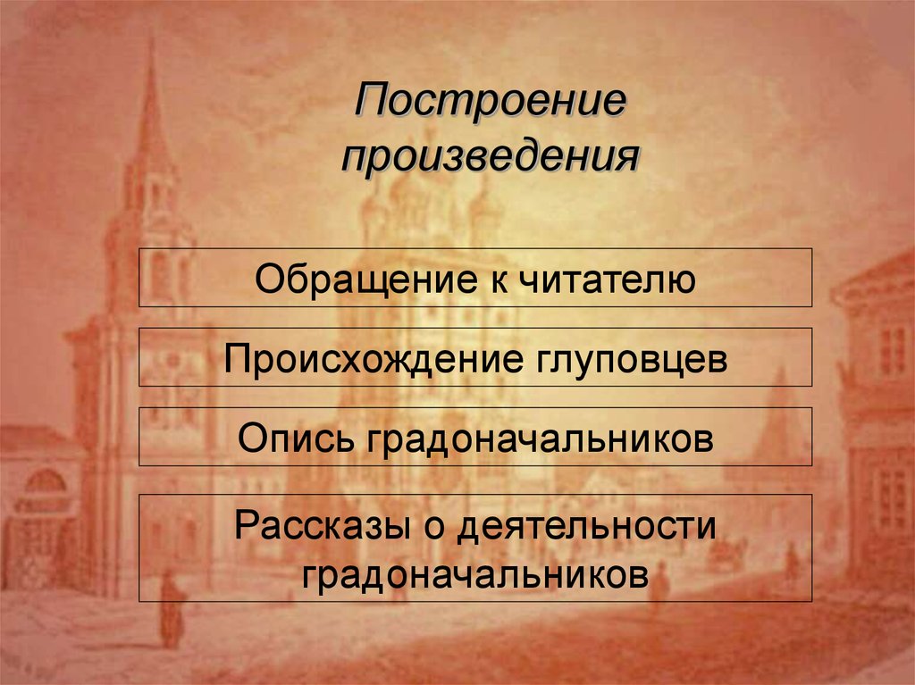 Произведение построено. История одного города композиция. Построение произведения. Черты характера глуповцев и градоначальников. Построение рассказа.