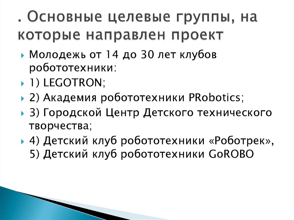 Основные целевые группы на которые направлен проект пример