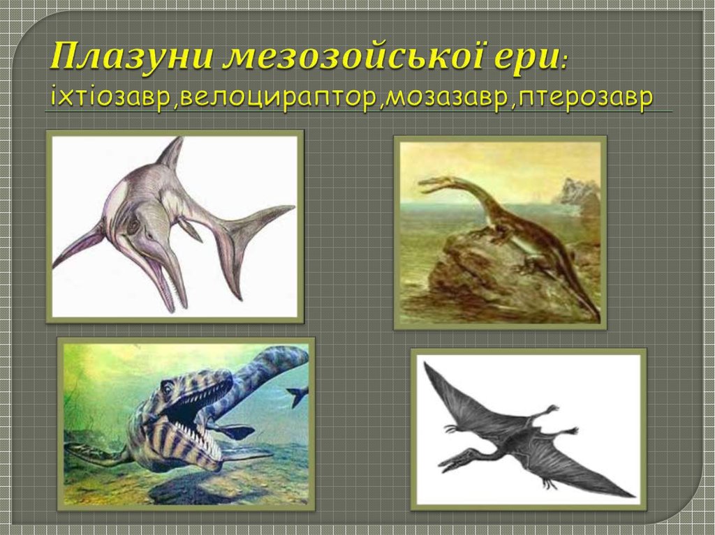 Плазуни мезозойської ери: іхтіозавр,велоцираптор,мозазавр,птерозавр