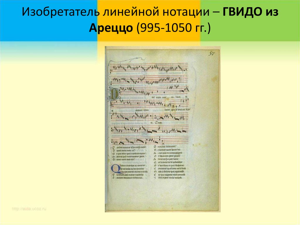Изобретатель линейной нотации – ГВИДО из Ареццо (995-1050 гг.)