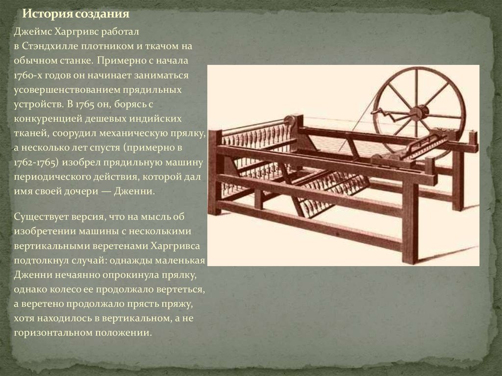 Первое использование конструкций. Прядильная машина Дженни Джеймса Харгривса. Механическая прялка Дженни Харгривс. Прядильная машина «Дженни» Джеймса Харгривса (1765).