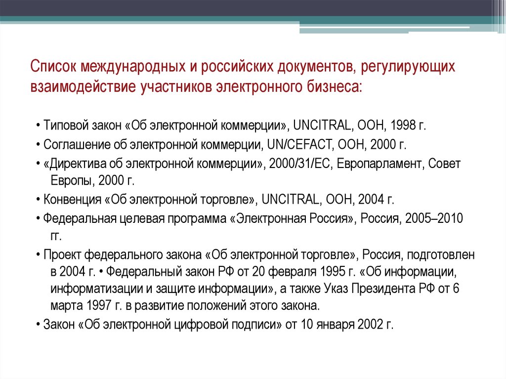 Список международных. Международные документы регламентирующие. Законы электронного бизнеса. Основные международные и российские документы. Типовой закон.