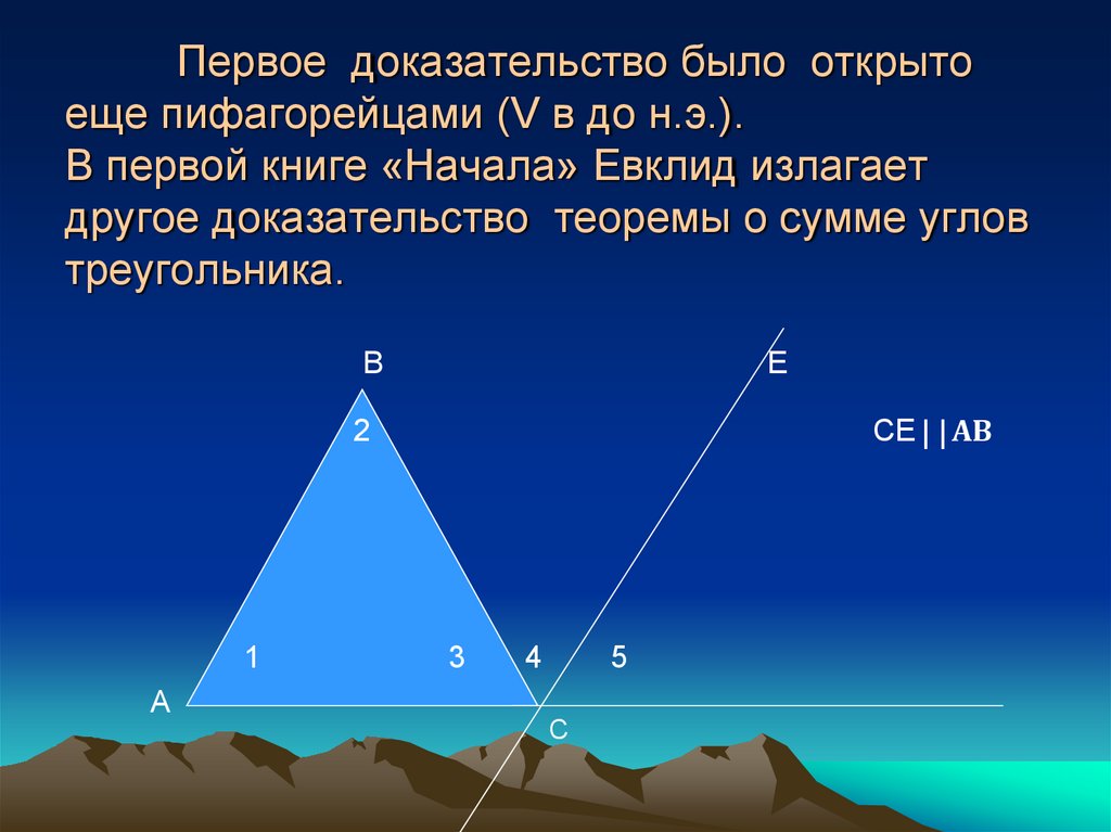 Доказательство по другому. Доказательство Евклида теоремы о сумме углов треугольника. Сумма углов треугольника доказательство Евклида. Первое доказательство. Сумма углов треугольника в пространстве Евклида.