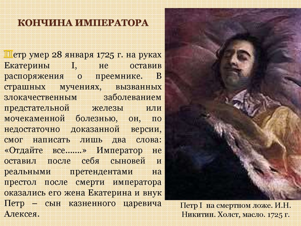 После кончины императора власть в империи. Никитин портрет портрет Петра i на смертном одре. Никитин (портрет Петра i на смертном ложе.