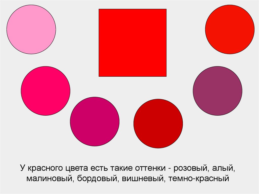 У красного цвета есть такие оттенки - розовый, алый, малиновый, бордовый, вишневый, темно-красный