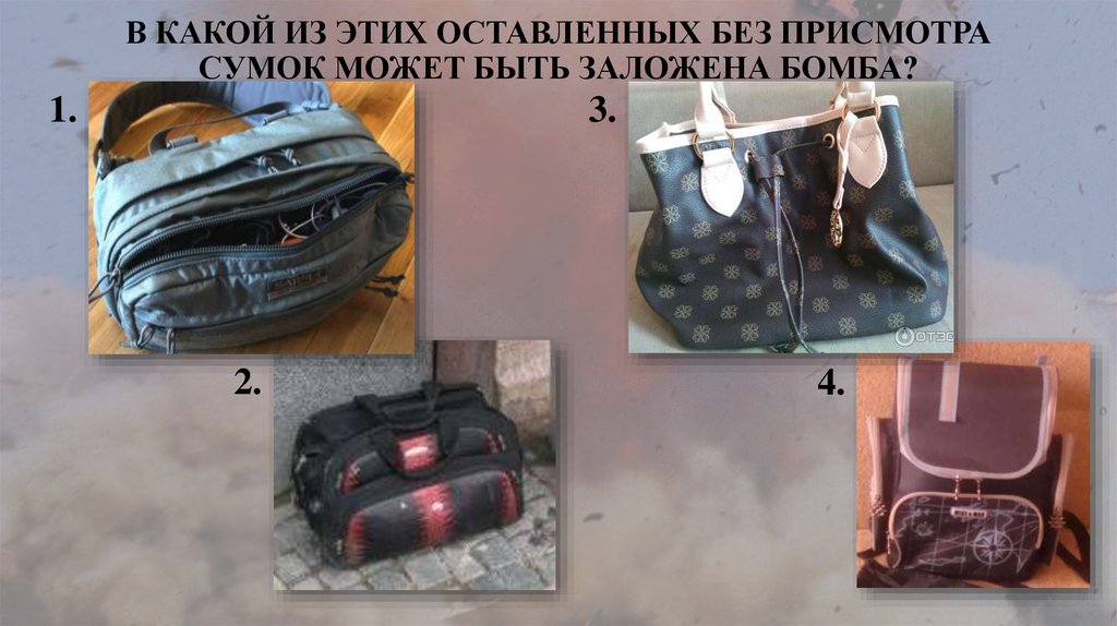 В КАКОЙ ИЗ ЭТИХ ОСТАВЛЕННЫХ БЕЗ ПРИСМОТРА СУМОК МОЖЕТ БЫТЬ ЗАЛОЖЕНА БОМБА?