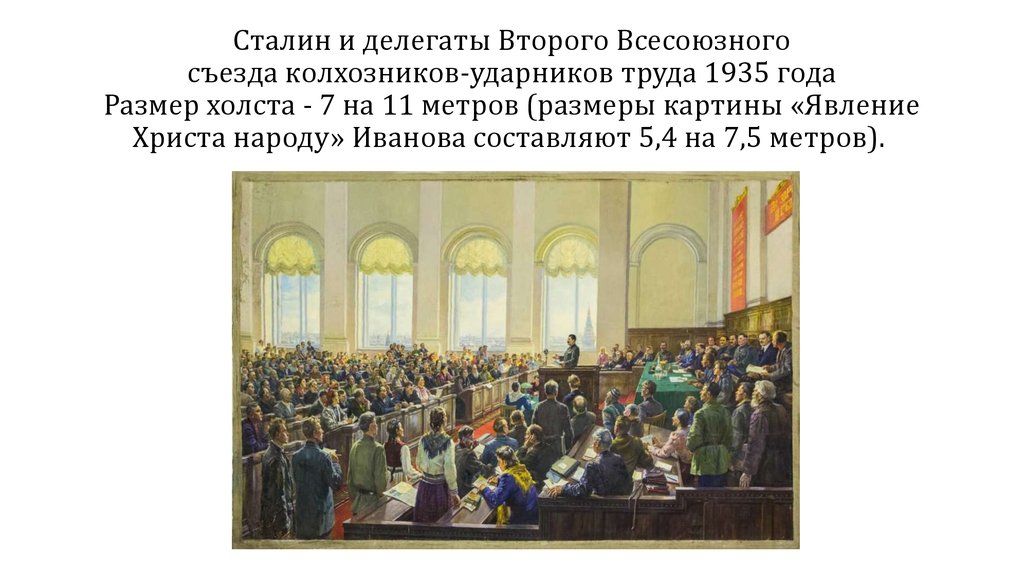 Сталин и делегаты Второго Всесоюзного съезда колхозников-ударников труда 1935 года Размер холста - 7 на 11 метров (размеры