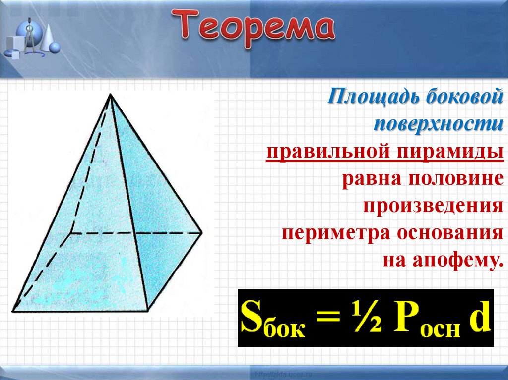 Половина произведения периметра основания на апофему. Площадь боково1 поверхности пирамиды. Пирамида площадь боковой поверхности пирамиды. Площадь боковой поверхности пирамдм. Теорема о боковой поверхности правильной пирамиды.