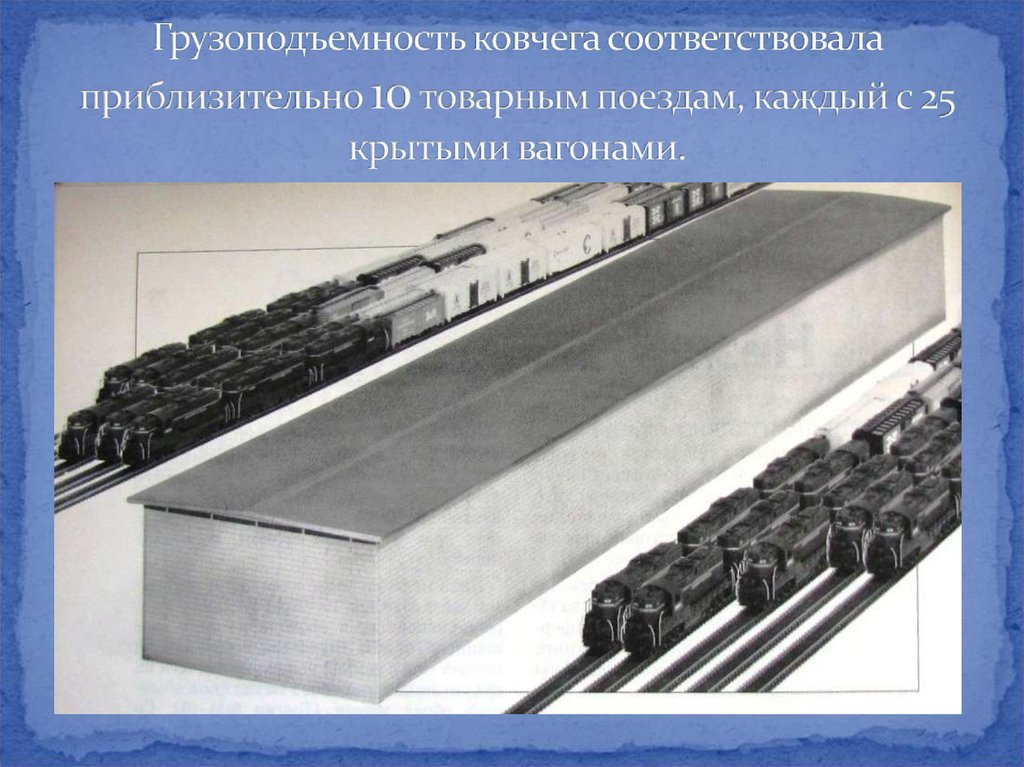 Грузоподъемность ковчега соответствовала приблизительно 10 товарным поездам, каждый с 25 крытыми вагонами.