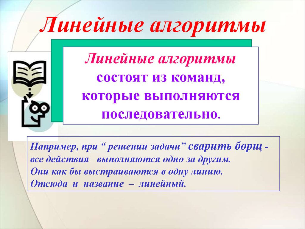 Линейные алгоритмы презентация. Из чего состоит алгоритм. Алгоритм состоящий из набора команд которые выполняются. Линейный алгоритм как сварить борщ.