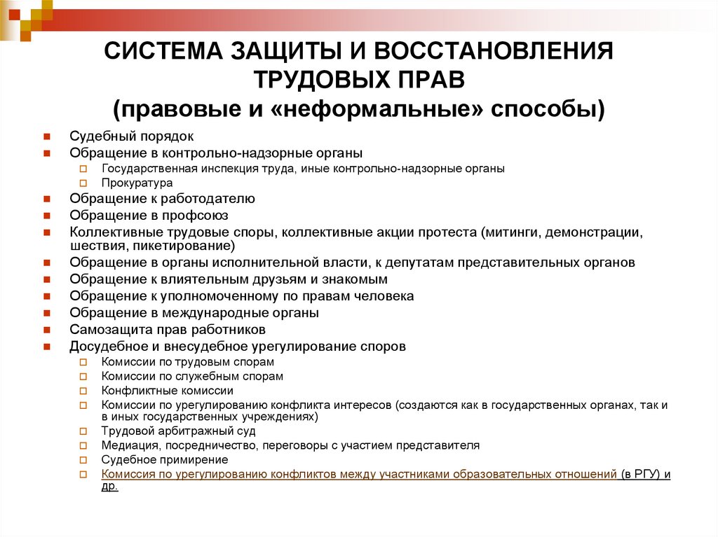 Орган защиты прав работников. Органы защиты трудовых прав. Основные способы защиты трудовых прав работников. Алгоритм защиты трудовых прав в судебном порядке. Защита трудовых прав в судебных органах.