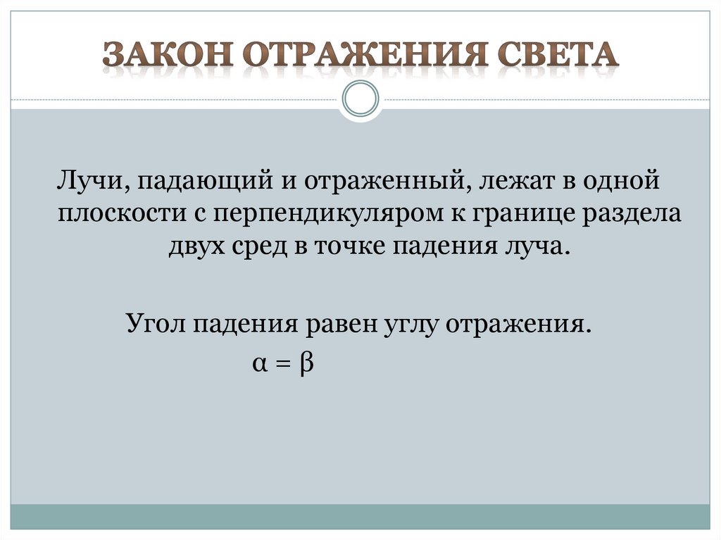 Закон освещения. Форма выражения закона отражения.