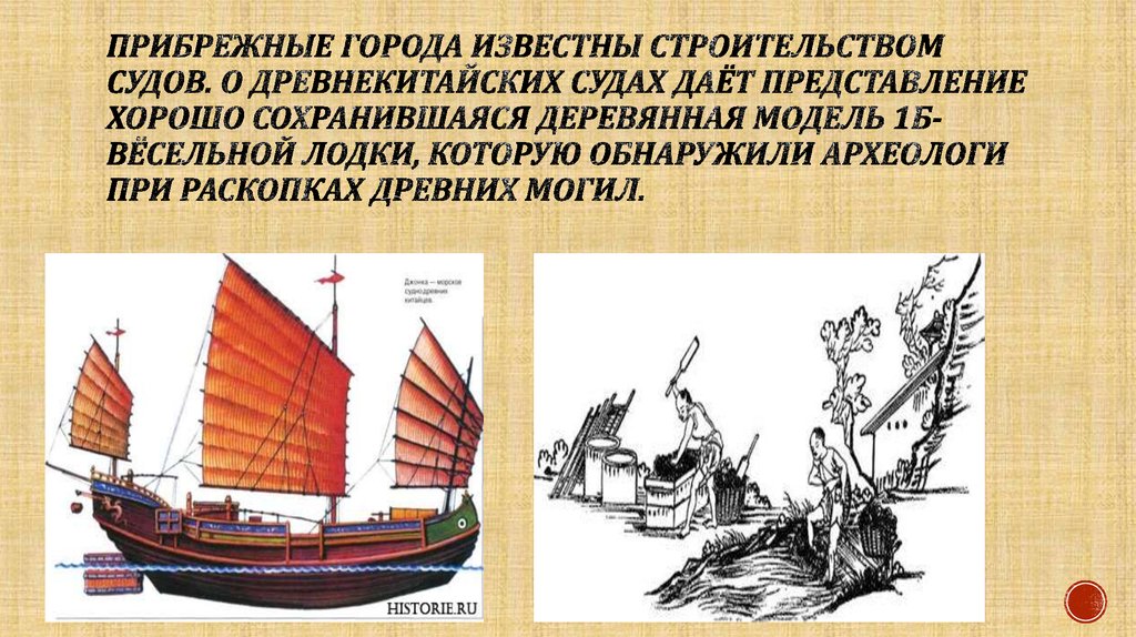 Прибрежные города известны строительством судов. О древнекитайских судах даёт представление хорошо сохранившаяся деревянная