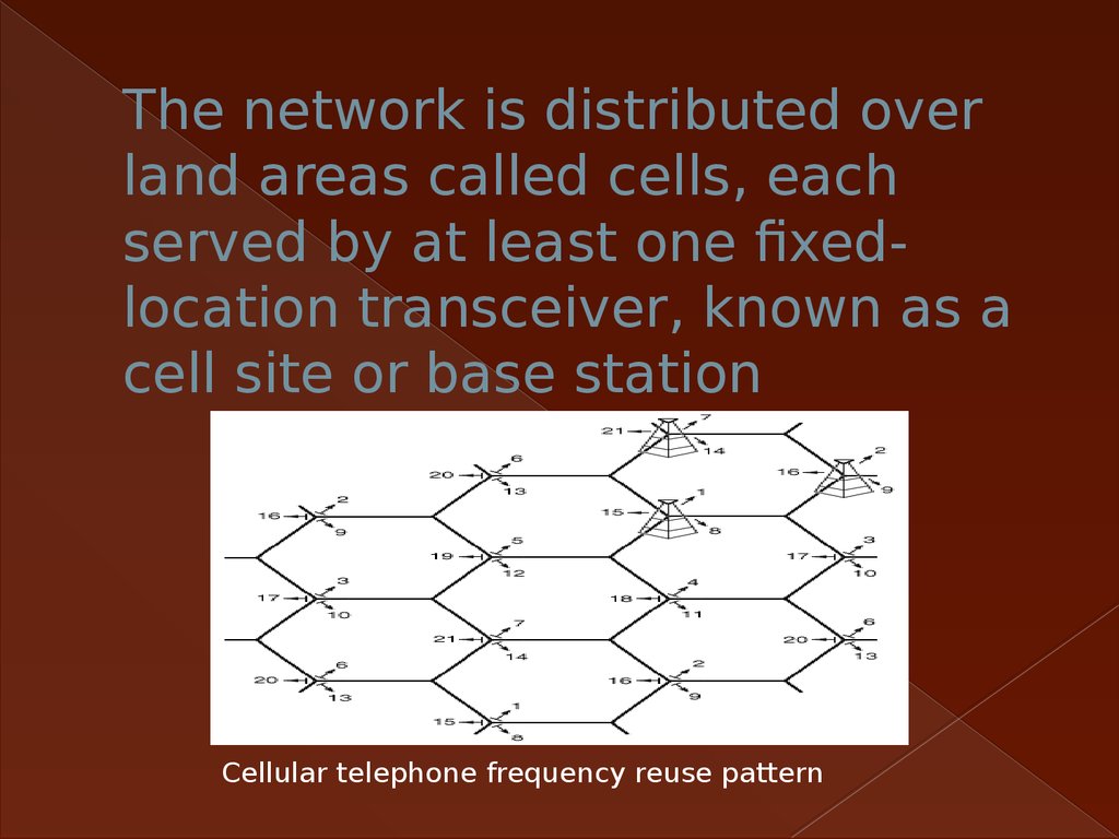 The network is distributed over land areas called cells, each served by at least one fixed-location transceiver, known as a
