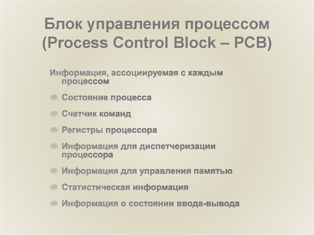 Блок управления процессом (Process Control Block – PCB)