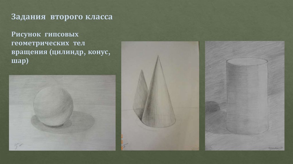 Задания второго класса Рисунок гипсовых геометрических тел вращения (цилиндр, конус, шар)