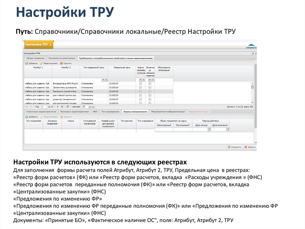 Настройки ТРУ