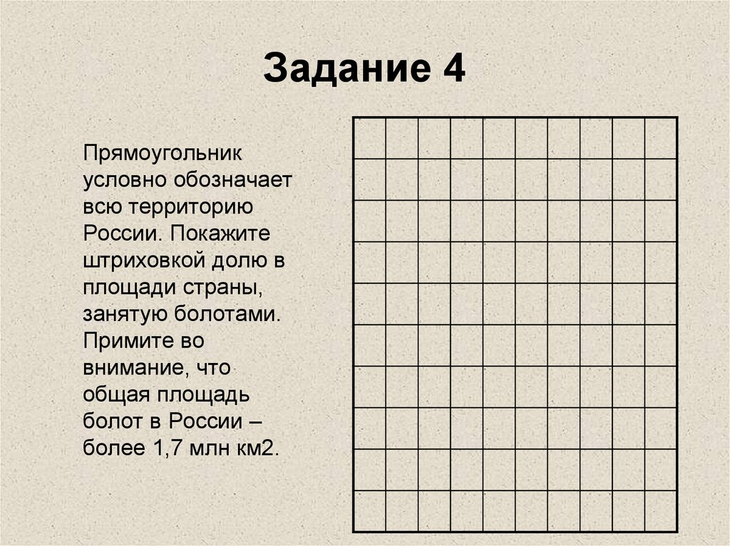 Прямоугольник задания. Квадрат условно обозначает всю территорию России. Доля площади страны , занятую болотами. Задание 4 прямоугольники. Задачи на площадь болот.