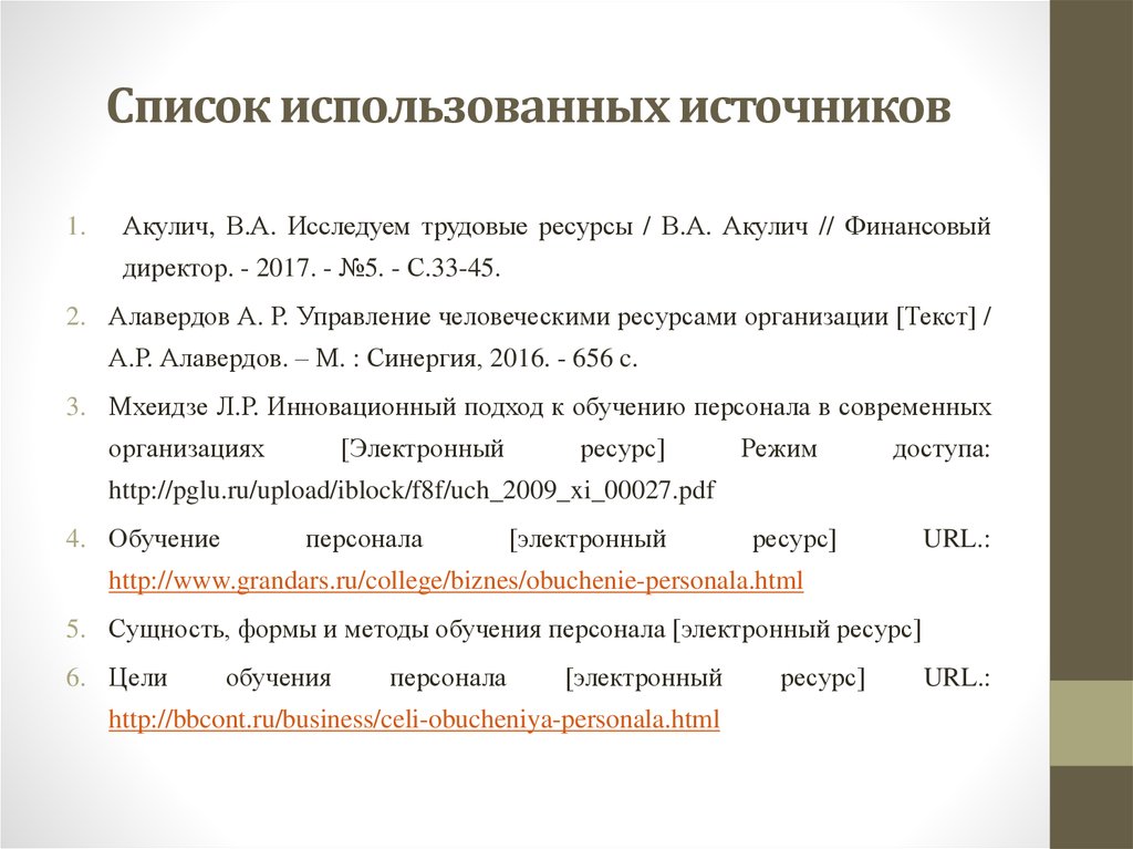 Список кадров. Слайд список используемых источников. Список использованных источников онлайн. Список использованных источников фото. Списки Акулич.