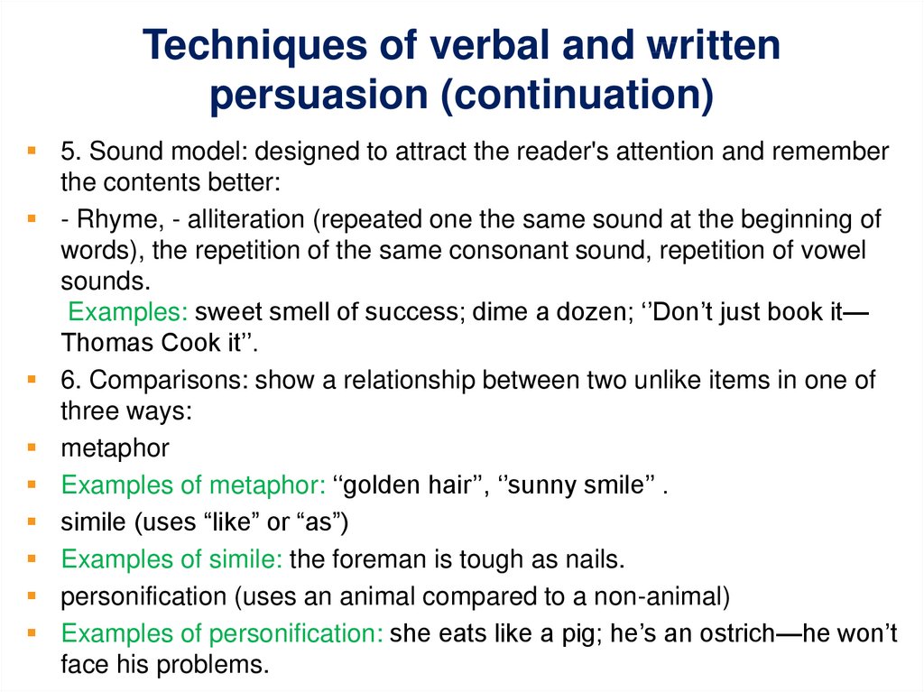 Techniques of verbal and written persuasion (continuation)