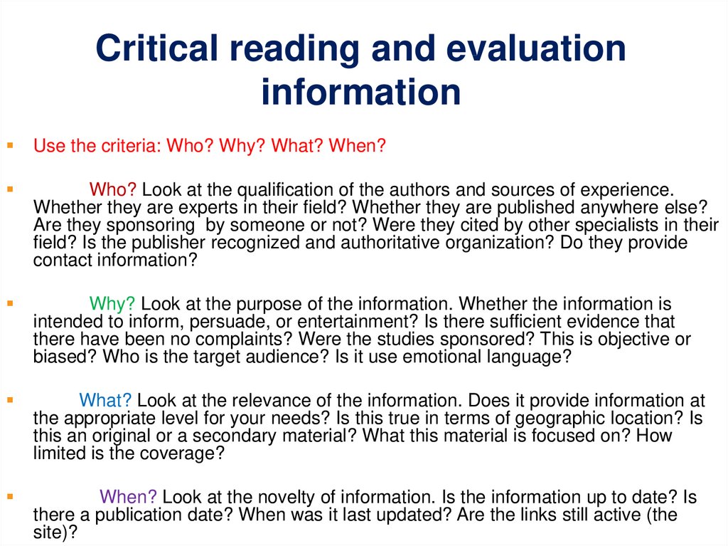 Critical reading and evaluation information