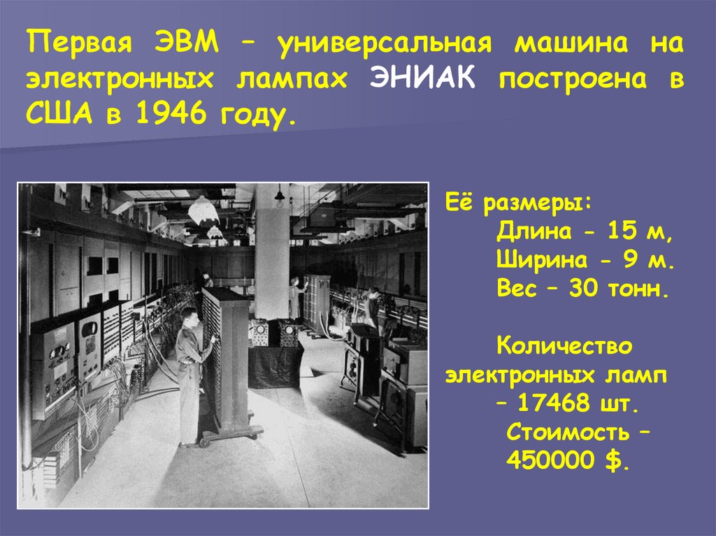 Где и когда была построена первая эвм. ЭНИАК 1946 год ЭВМ. Eniac 1. Первая электронная вычислительная машина Eniac. Первая ЭВМ Eniac 1945.