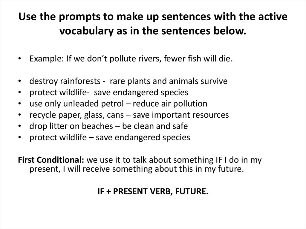 Use the prompts to make up sentences with the active vocabulary as in the sentences below.