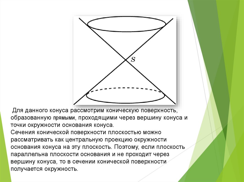 Сечение проходящее через вершину. Плоскость параллельная основанию конуса - сечение круг. Теорема о конических сечениях. Плоскость параллельна основанию, сечение круг. Даны 5 точек конического сечения и прямая проходящая через.