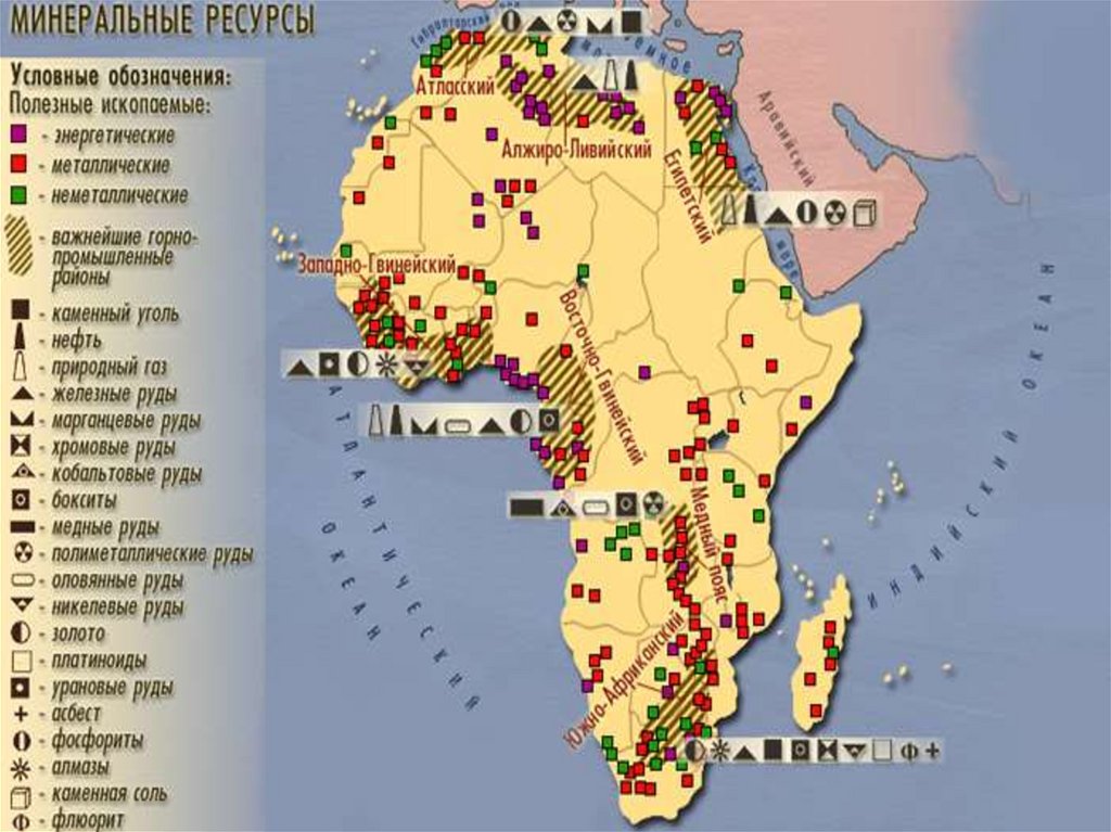 На территории африки условными знаками обозначены